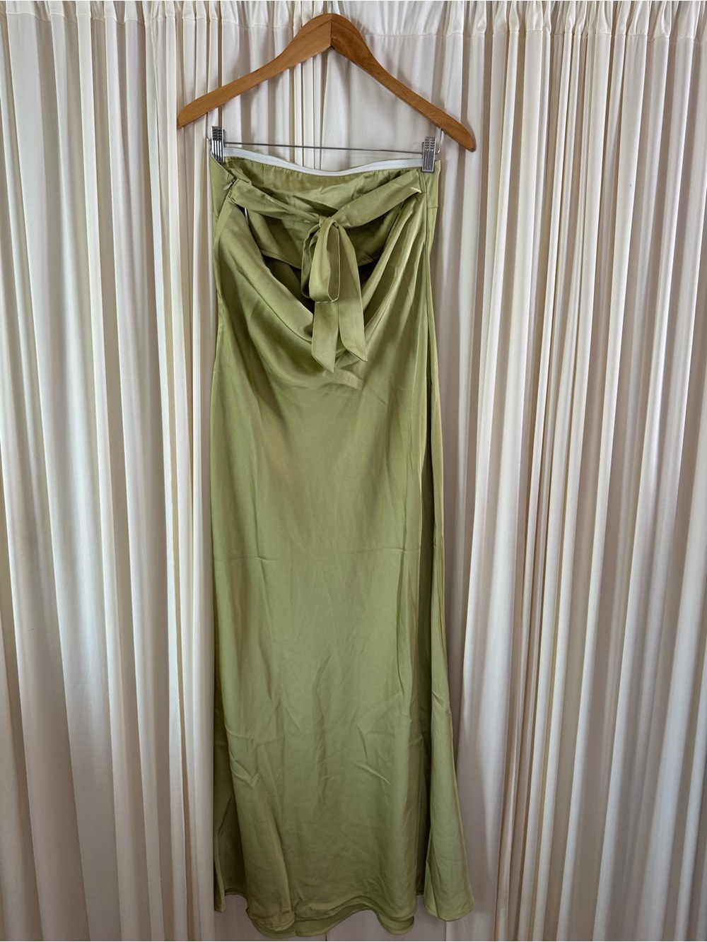 Princess Polly Haley Sage Green Satin Strapless Tie Back Maxi Dress Spring Vacay - Picture 5 of 8